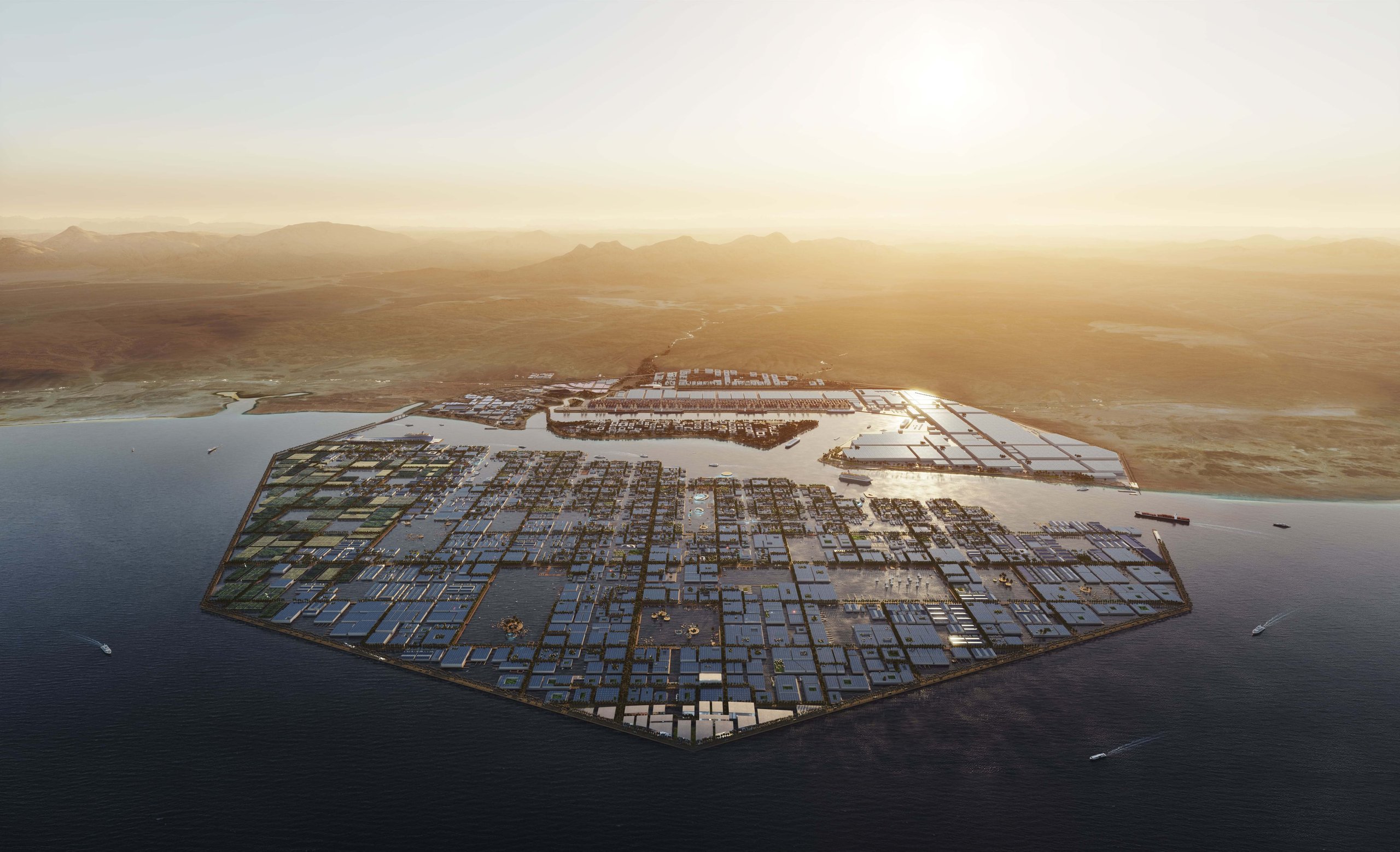 Hexagonal city on a man-made island with a cargo ship at sunset.
