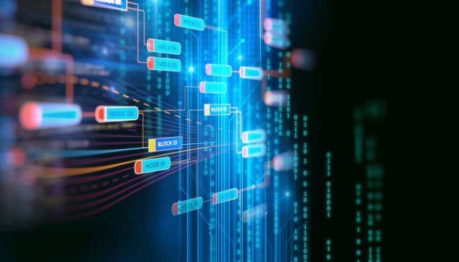 Block chain network and programming concept on technology background