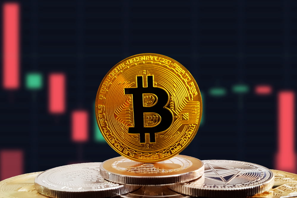 Bitcoin on silver cryptocurrencies with stock graph.