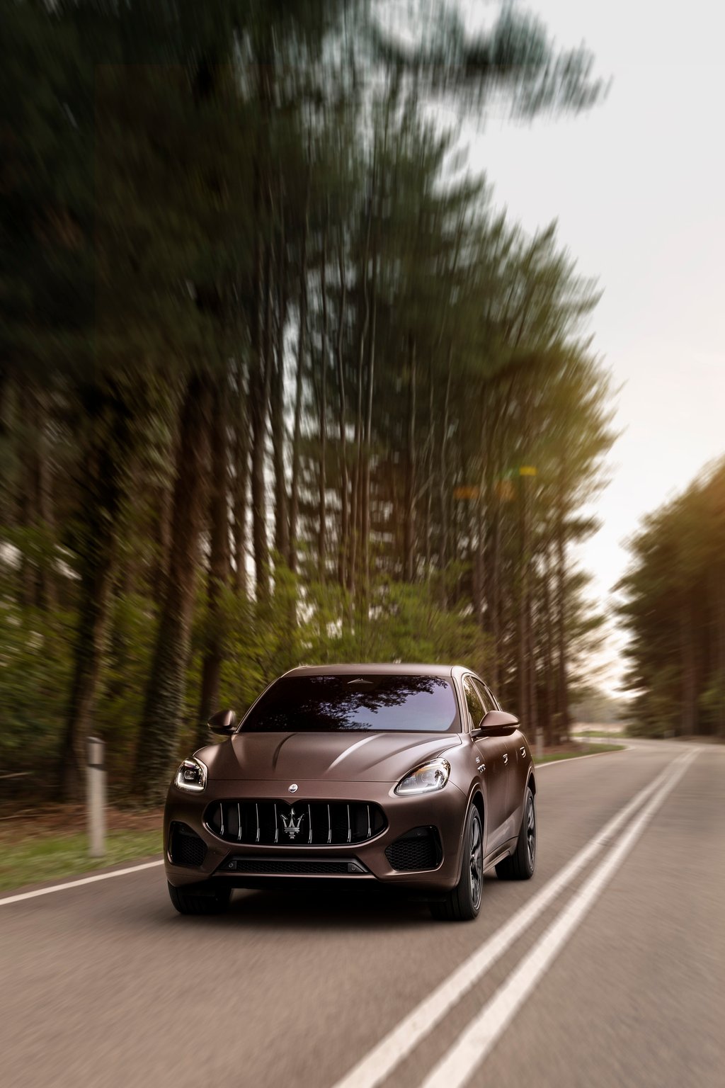 Brown Maserati SUV on a tree-lined road.