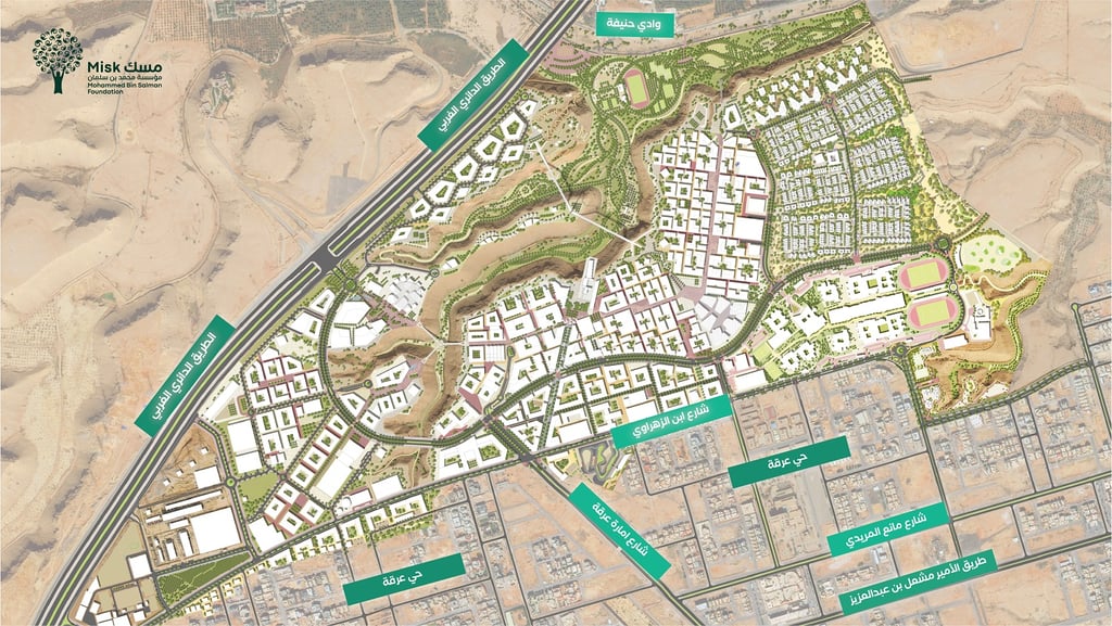 A city plan depicts a large-scale development, showing roads, buildings, and green spaces within a desert context.