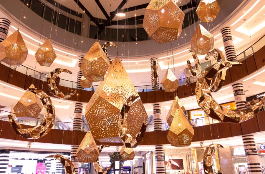 Gold lanterns in a shopping mall.