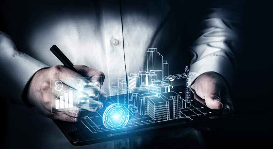 Person using a stylus to design a city on a tablet with graphs and data.