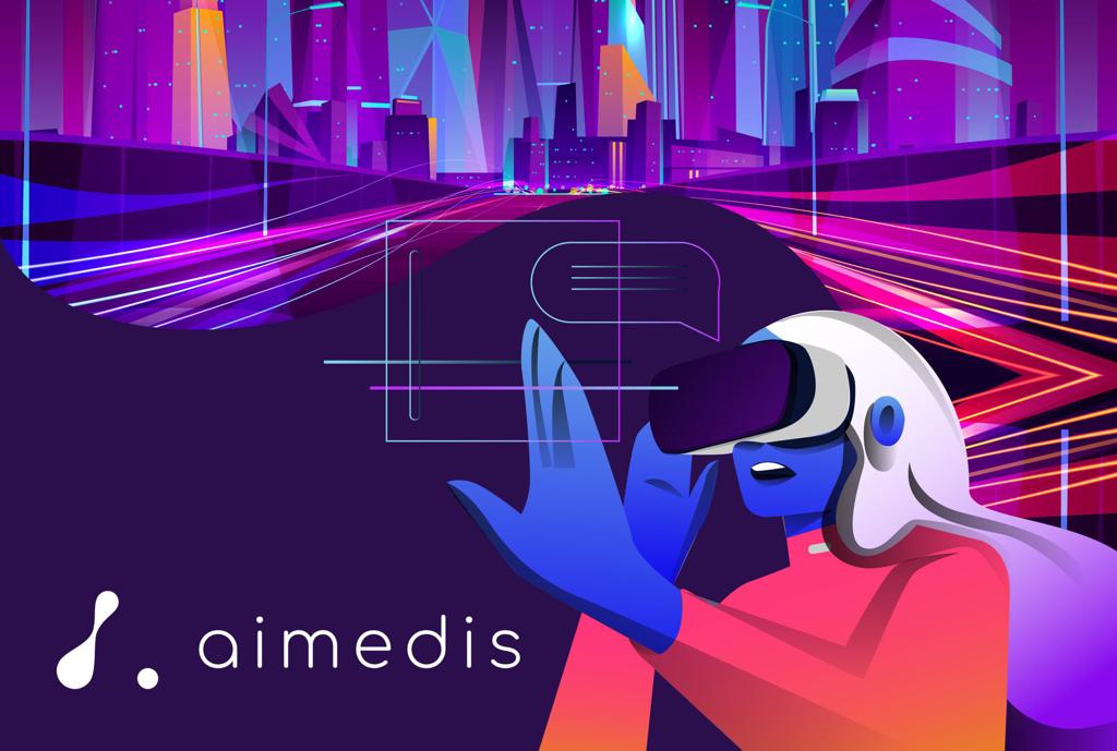 Woman in VR headset interacting with a futuristic cityscape.