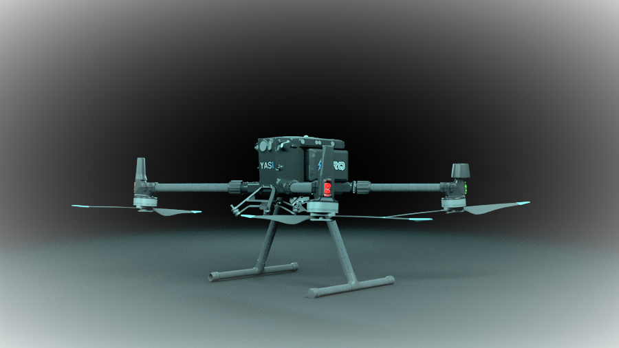 Black hexacopter drone with "YASI" and "RQ" logos.