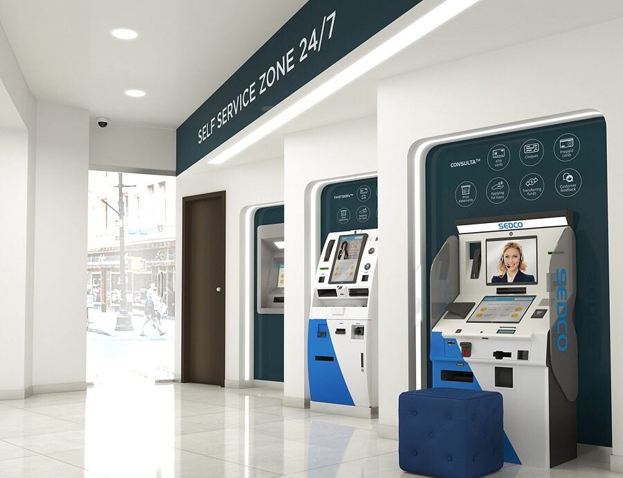 Self-service banking kiosks in a modern bank lobby.