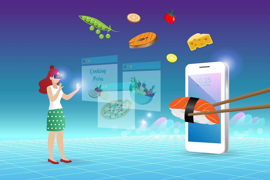 Woman in VR glasses interacts with a cooking hologram.