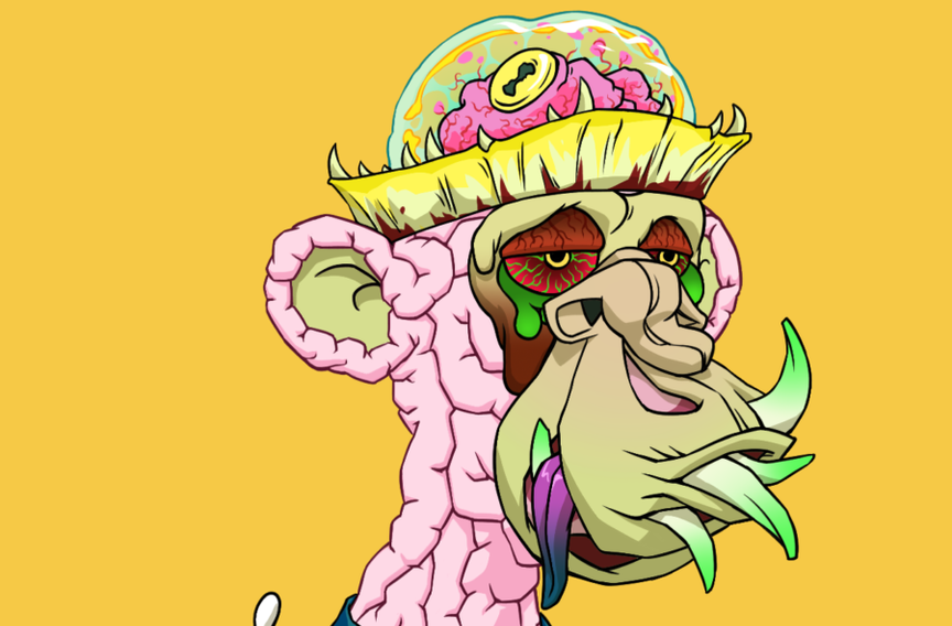 Monkey-like creature with brain helmet against yellow.