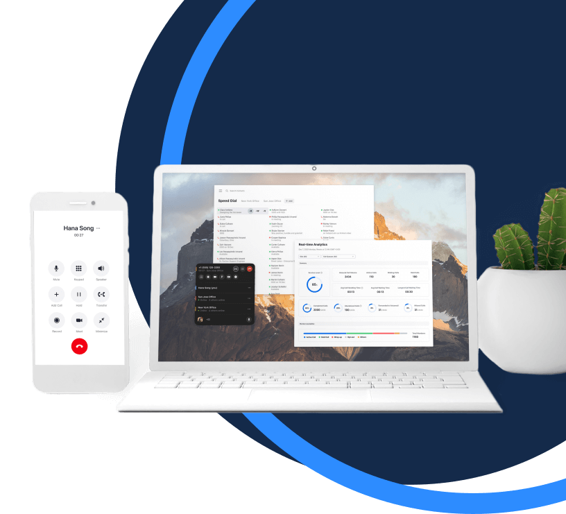 Smartphone shows an outgoing call to Hana Song; laptop with video call and analytics.