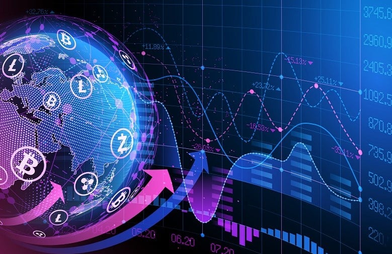 Cryptocurrency symbols on a digital Earth.