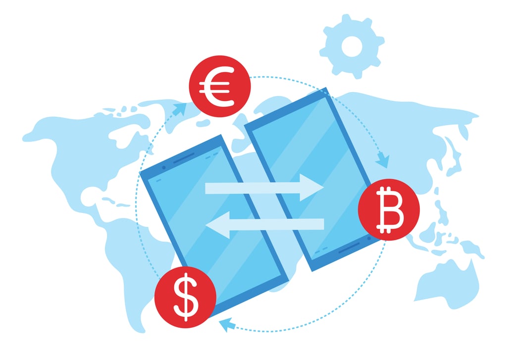 Two smartphones exchanging currency symbols with a world map backdrop.