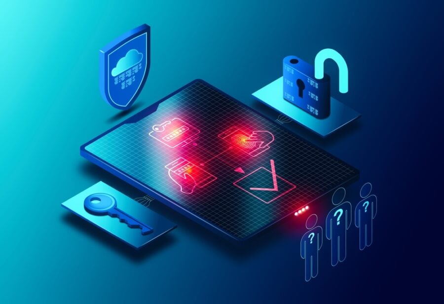 Smartphone shows digital security methods: password, fingerprint, and checkmark.