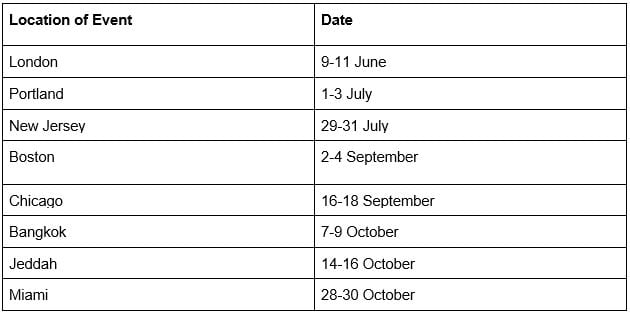 A table lists event locations and dates across various cities.