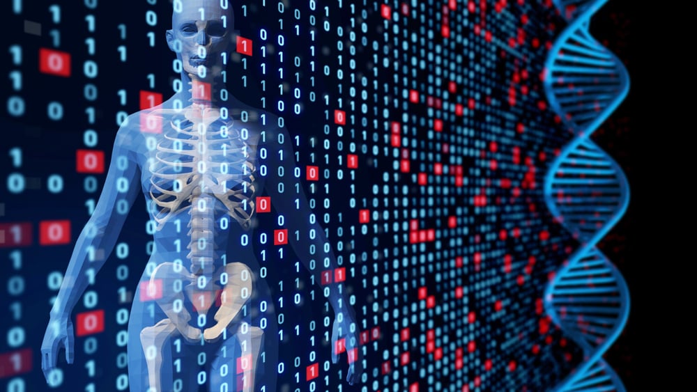 Skeletal figure with binary code and DNA strand.