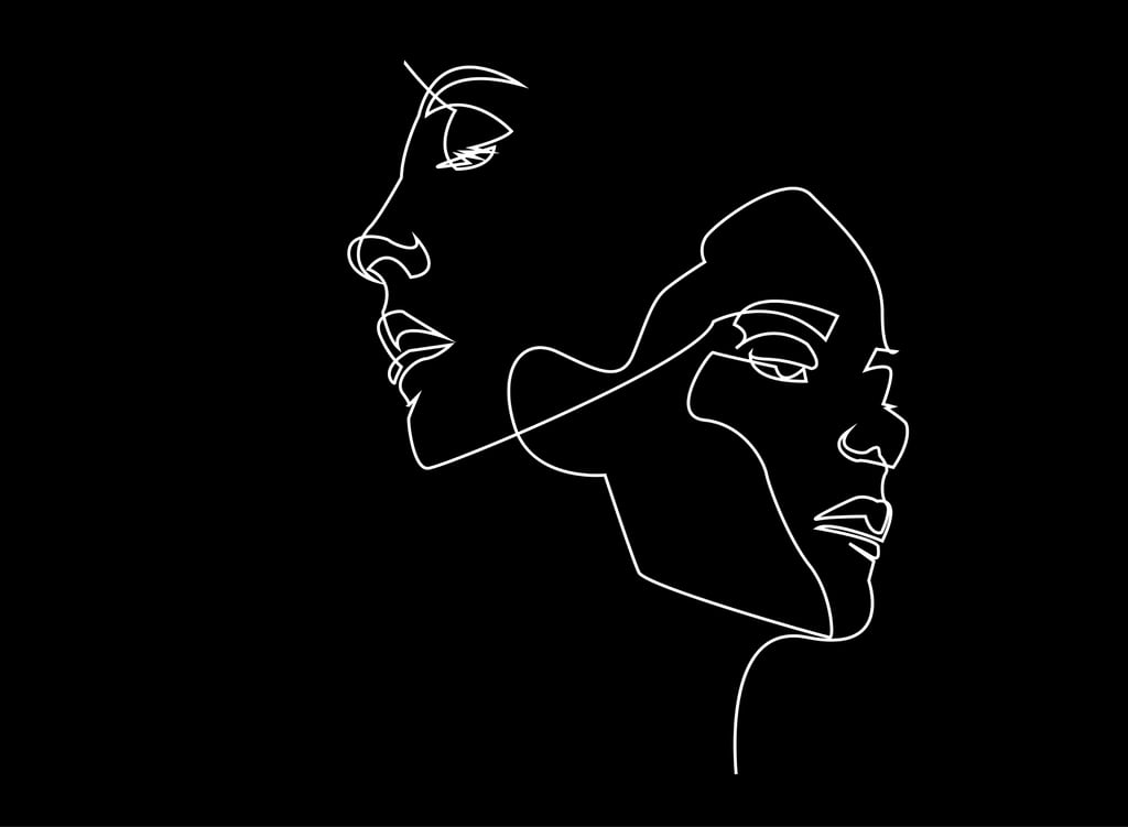 Line drawing of two overlapping faces on black.