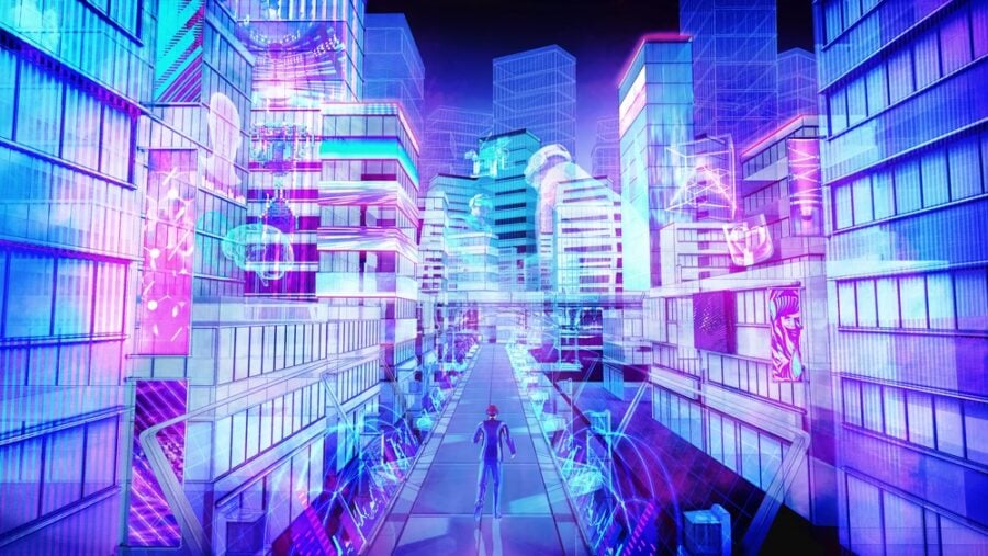 Person walking through a futuristic city with glowing buildings.