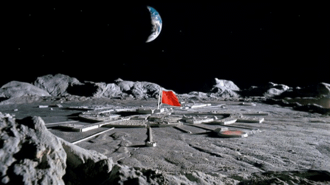 A red flag stands on the lunar surface near a model base with Earth's crescent visible.