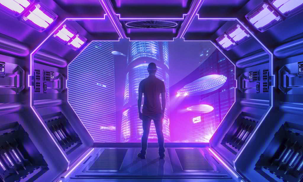 Person observing futuristic cityscape from neon-lit spaceship corridor.
