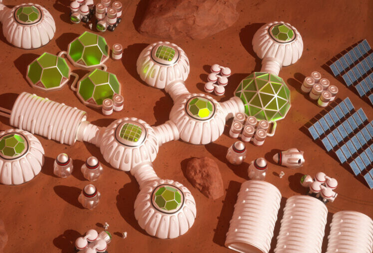 Martian habitat with dome-shaped modules on the red planet.