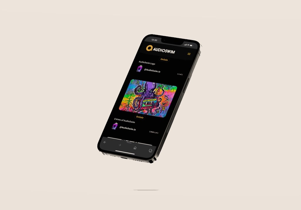 Smartphone showing octopus art on AudioSwim app.