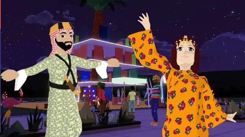 Digital avatars dancing in a vibrant plaza at night.