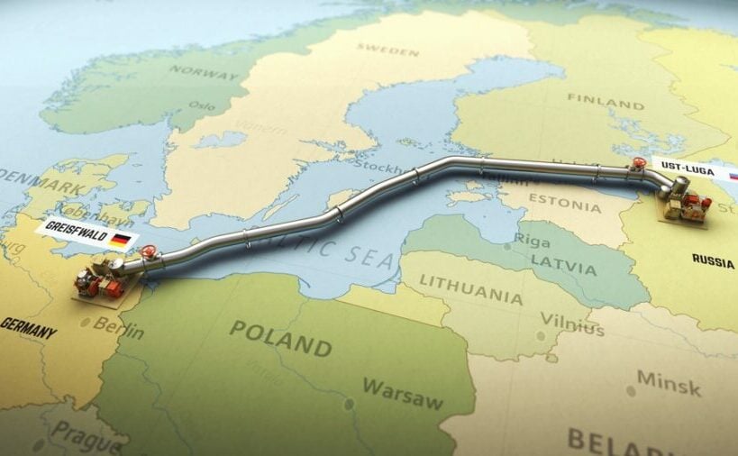 Pipeline from Greifswald, Germany to Ust-Luga, Russia, across the Baltic Sea.
