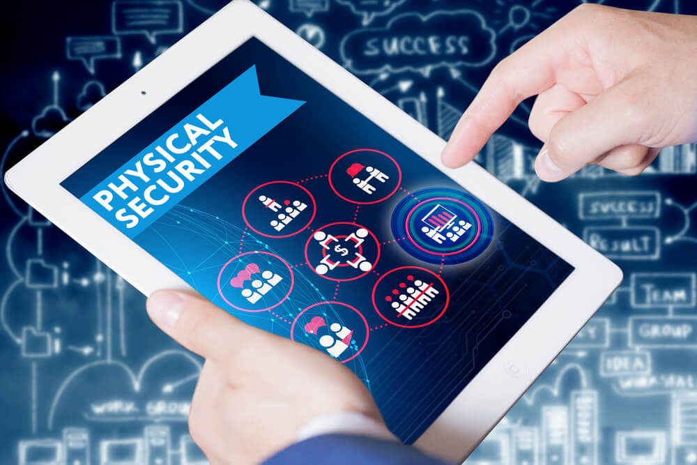 Tablet displaying "PHYSICAL SECURITY" icons with business sketches in the background.