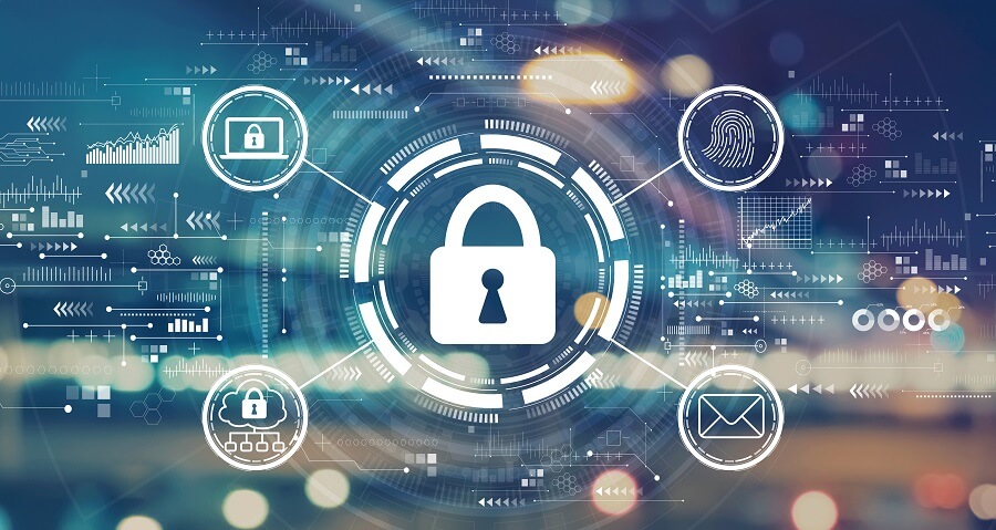 Padlock with digital security icons.