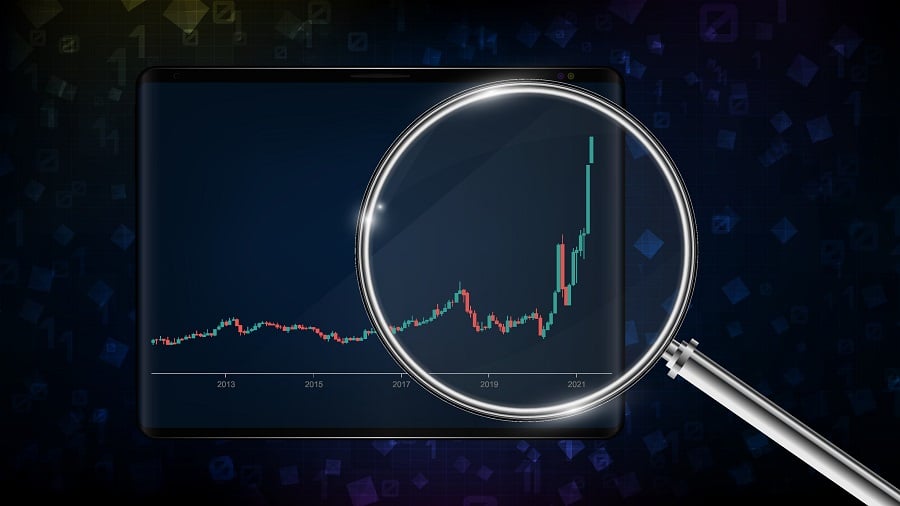 Magnifying glass examining a cryptocurrency chart on a tablet.