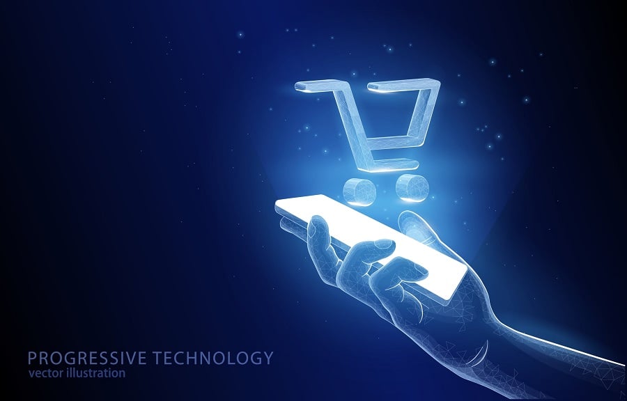 Glowing shopping cart icon above a smartphone against a dark background.