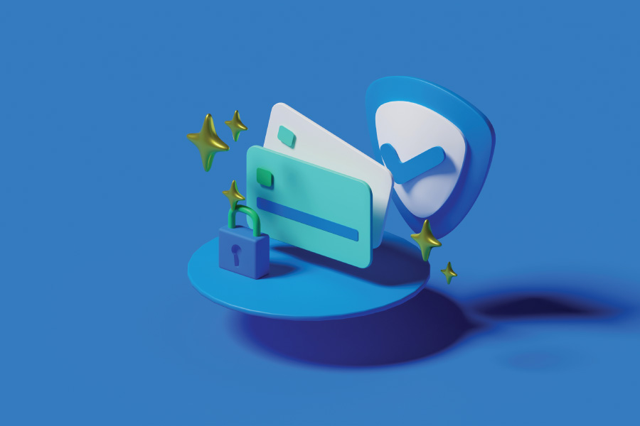 Teal credit card with padlock and shield on a blue background.