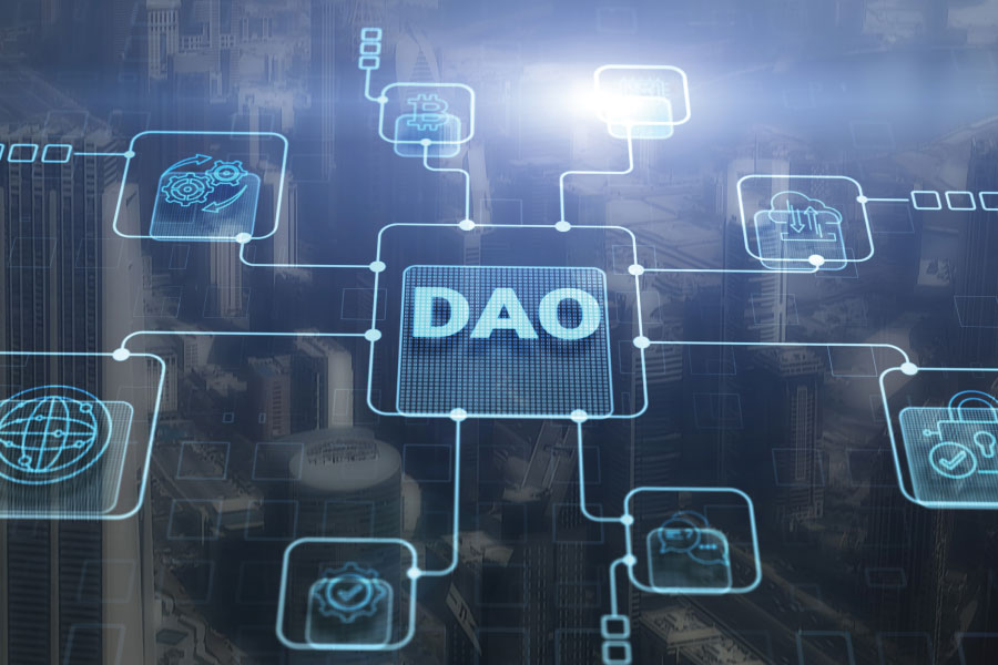 DAO acronym with blockchain icons on a blurred cityscape backdrop.