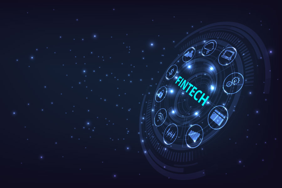 Circular Fintech interface rotating on a starry background.