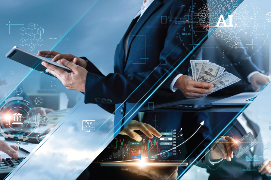 Businesspeople using devices with AI and finance overlays.
