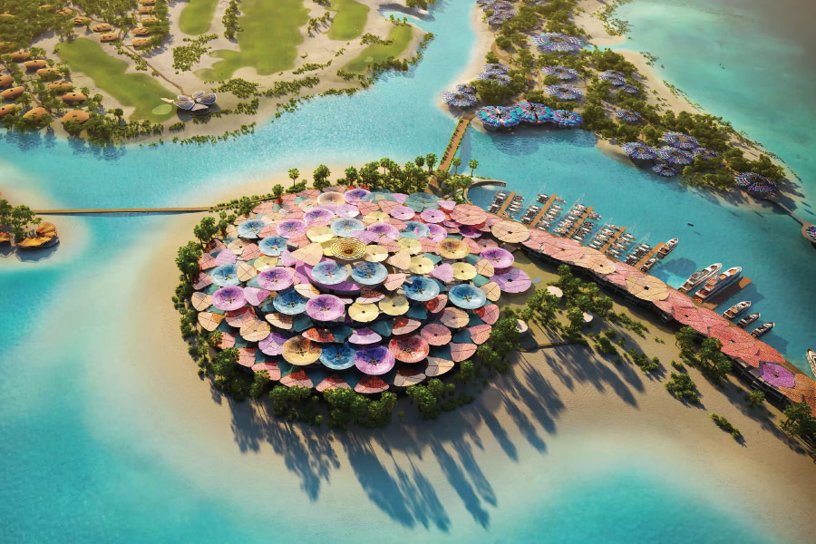 Umbrella-like structures near marina and golf course.