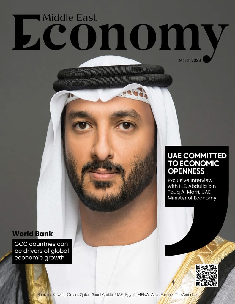 Magazine cover of man in Middle Eastern attire on UAE economy.
