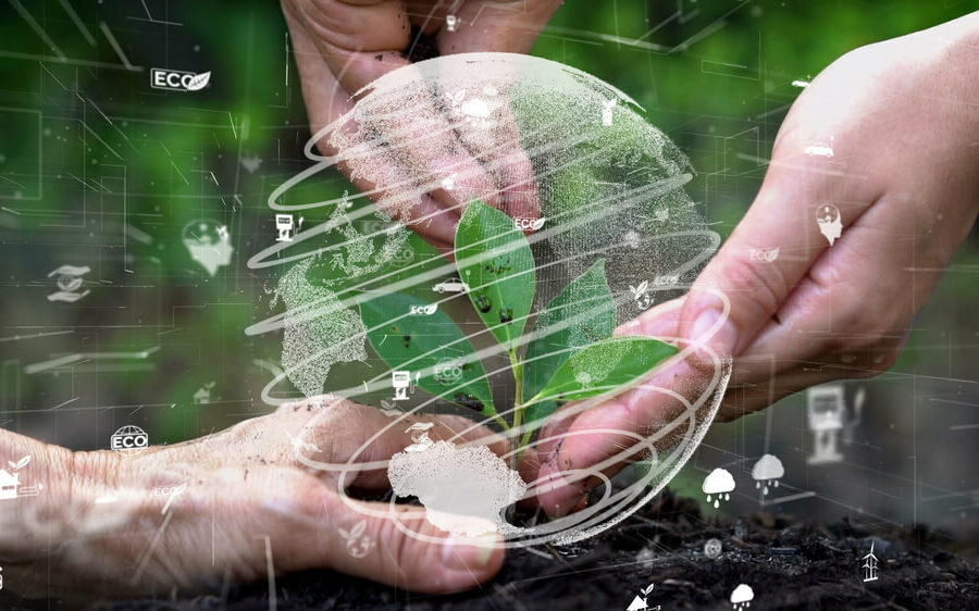 Hands planting a seedling in a digital globe, outdoors.