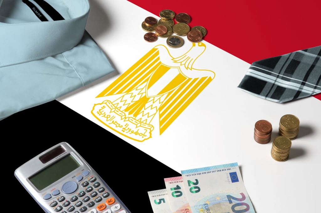 Calculator on Egyptian flag with banknotes and coins.