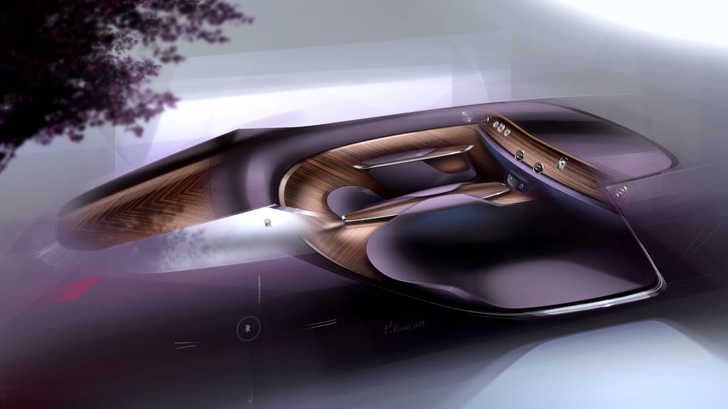 Car interior with wood and purple upholstery in a design studio.