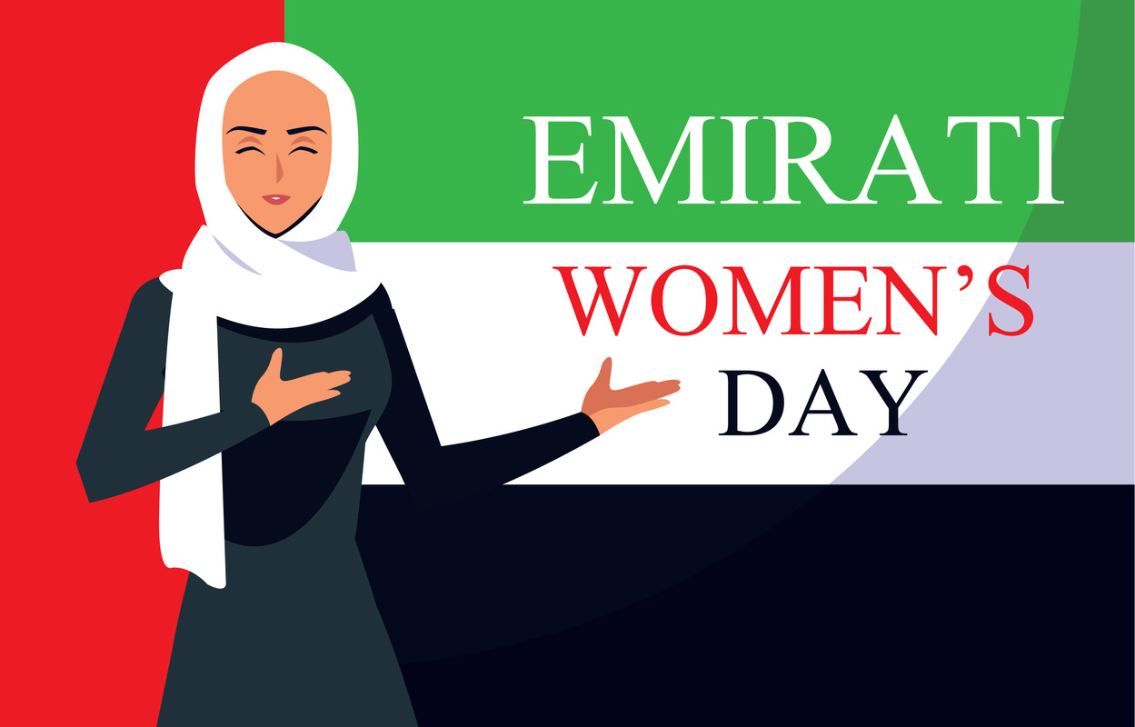 Woman gestures to "Emirati Women's Day" text.