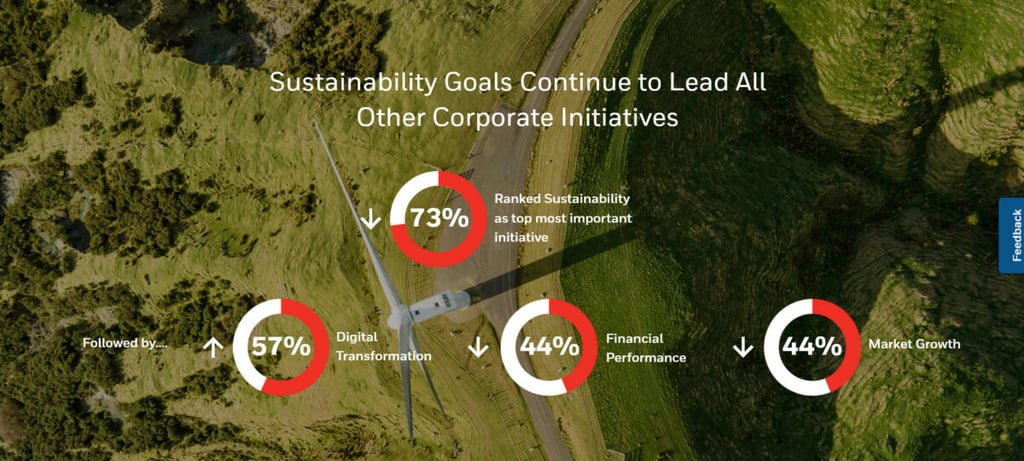 Pie charts showing corporate initiative rankings with sustainability leading.