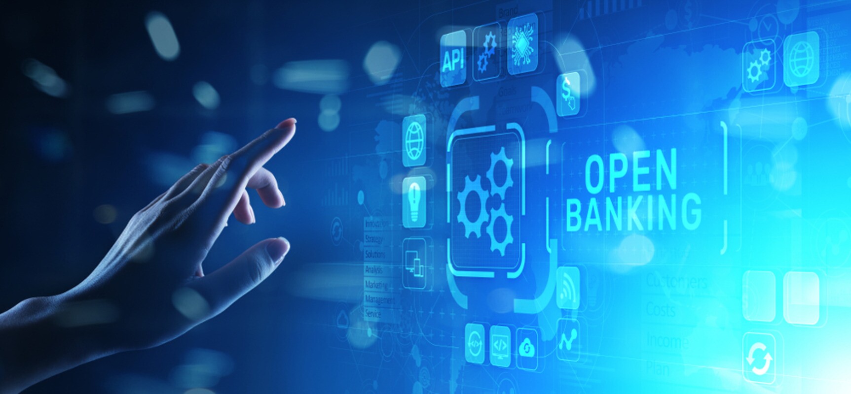 Hand interacting with open banking interface.