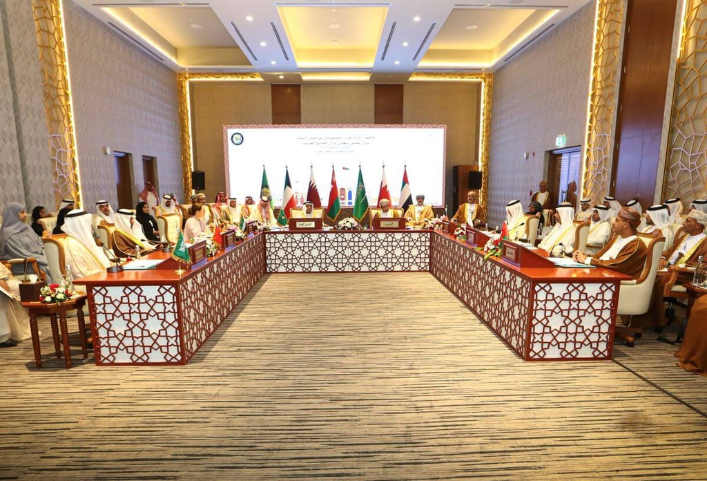 Meeting at ornate table with national flags.