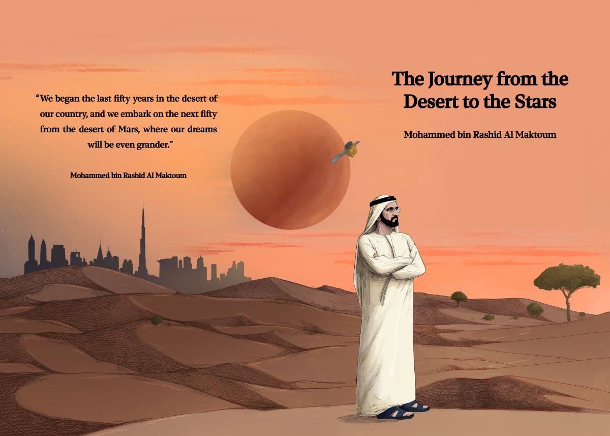 Man in desert with Mars and cityscape.
