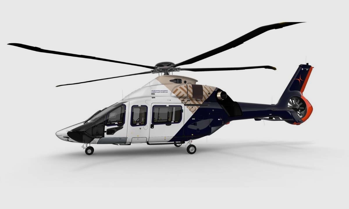 White and dark blue helicopter on a white background.