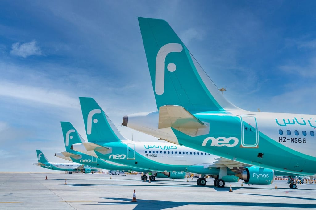 Flynas airplanes parked at an airport under a clear blue sky.