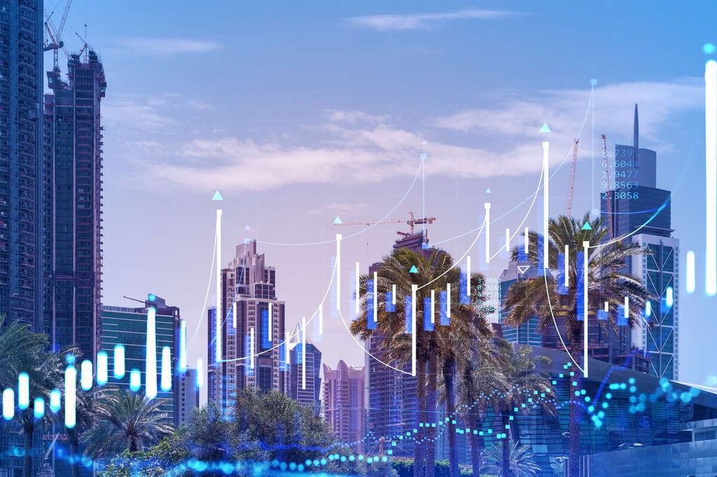 Cityscape with modern buildings and dynamic financial graphs.