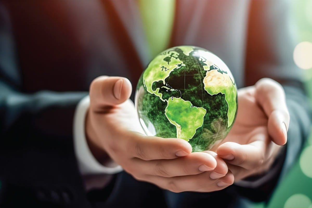 Person holding a green glass globe of Earth, blurred background.