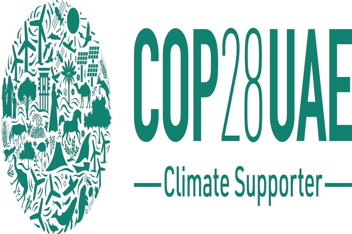 Teal emblem with "COP28UAE — Climate Supporter" text.