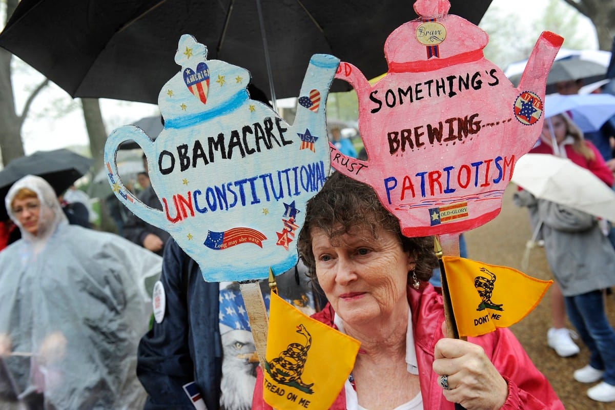 Woman holds teapot signs at outdoor protest.